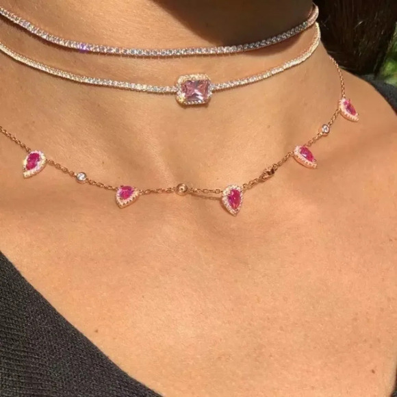 NEW! Dainty 18K White Gold Pink Sapphire Tennis Chain Choker - Picture 2 of 12